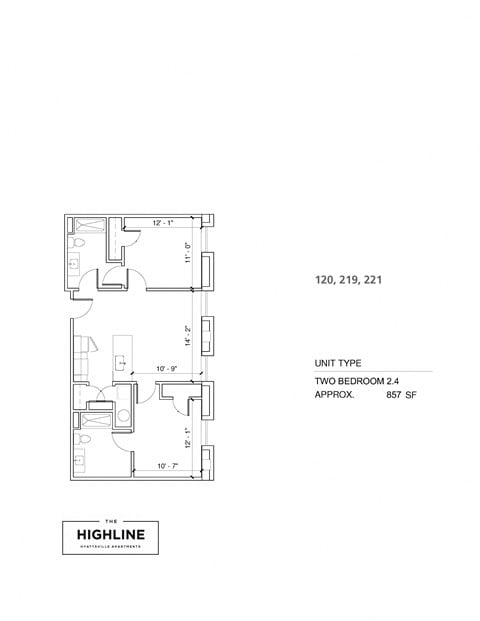 Floor plan for 2 beds, 2 baths, 860 sqft
